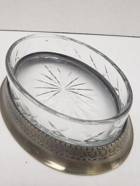 Vintage Fancy Oval Soap Dish Brass & Glass Starburst Pattern 4.5 X 6.5